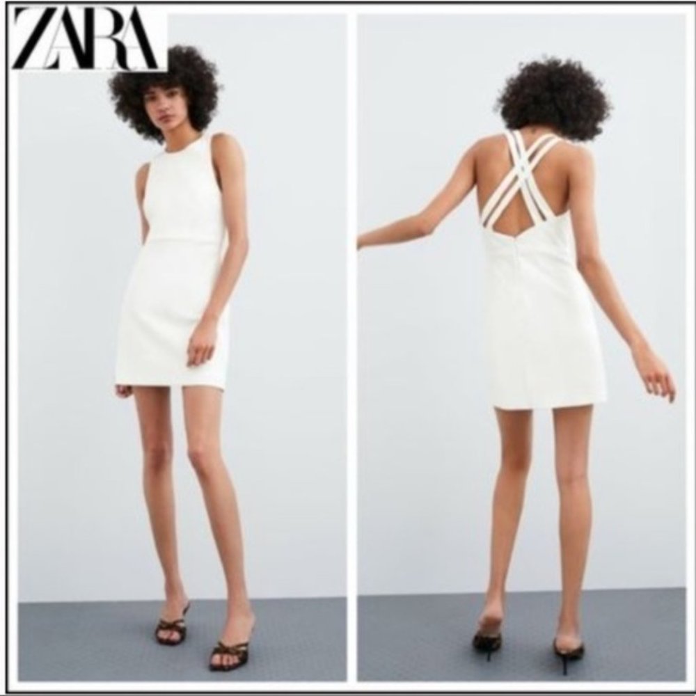 ZARA lined white crossover back white dress